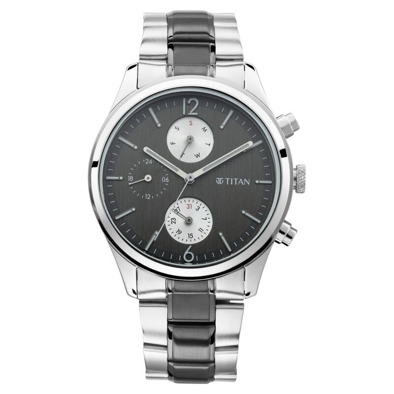 Titan Men's Watch Black Dial Silver & Black Stainless Steel Strap Watch, 1805KM02