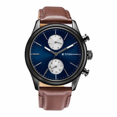 Titan Men's Watch Blue Dial Brown Leather Strap Watch,1805NL03