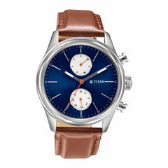 Titan Men's Watch Blue Dial Brown Leather Strap Watch, 1805SL06