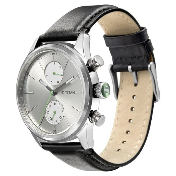 Titan Men's Watch Analog Silver Dial With Black Leather Strap, 1805SL09