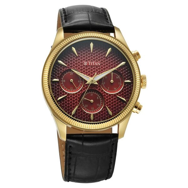 Titan Regalia Men's Watch Analog Meroon Dial with Black Leather Strap, 1805YL01