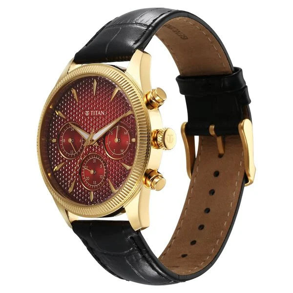 Titan Regalia Men's Watch Analog Meroon Dial with Black Leather Strap, 1805YL01