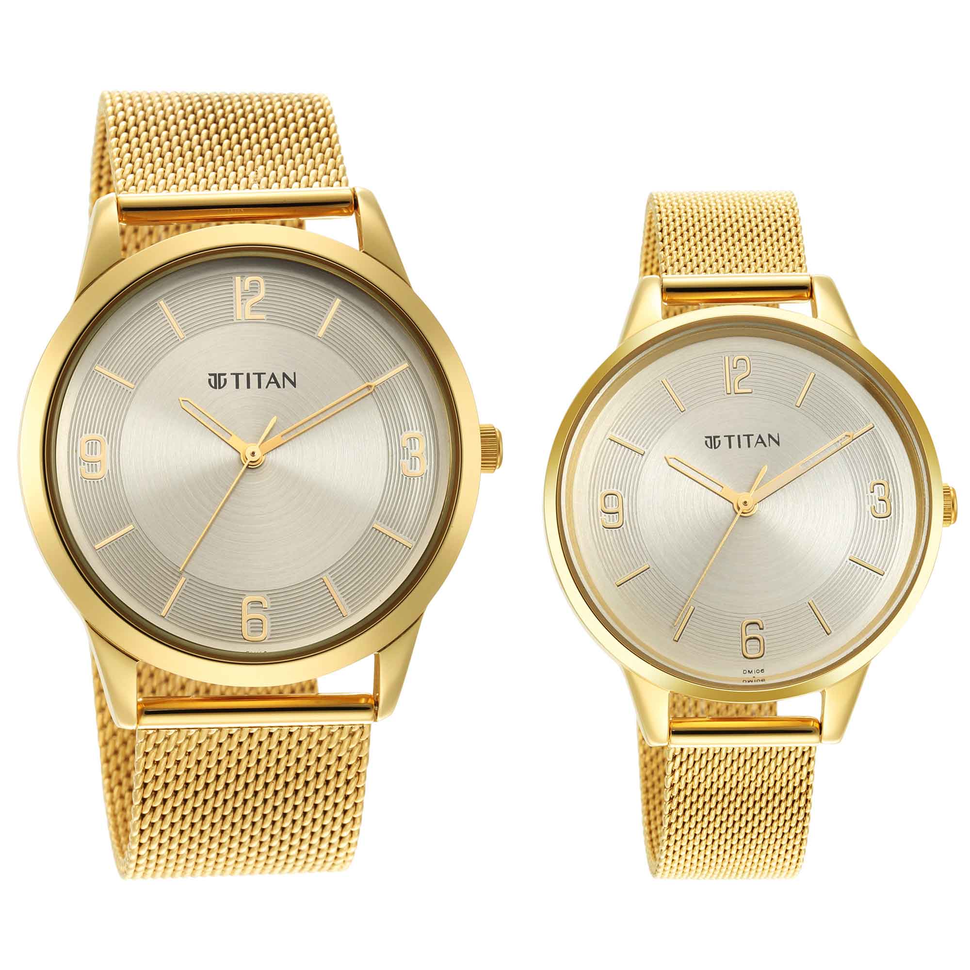 Titan Bandhan Couple Watch Champagne Dial with Gold Mesh Band, 18062YM01P