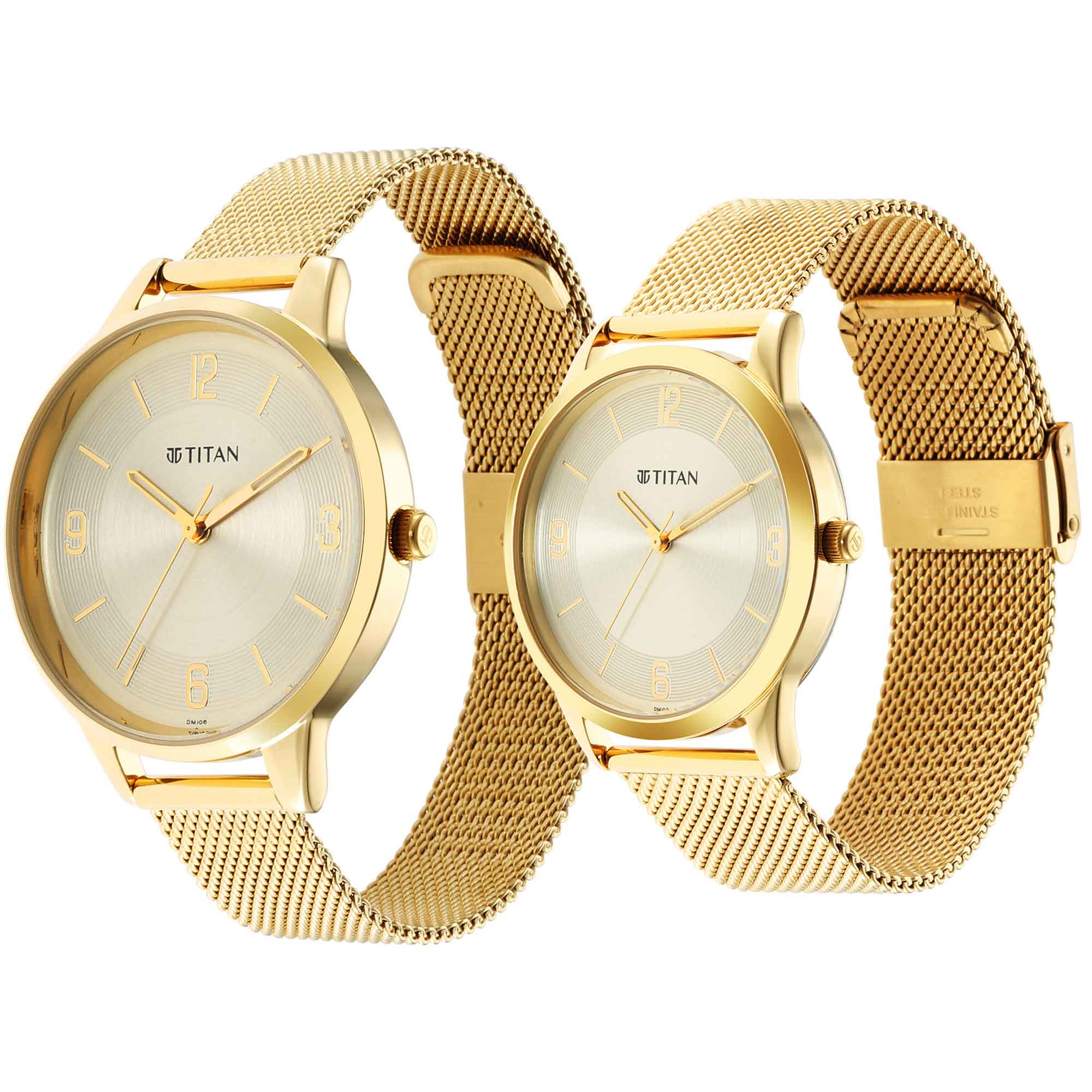 Titan Bandhan Couple Watch Champagne Dial with Gold Mesh Band, 18062YM01P