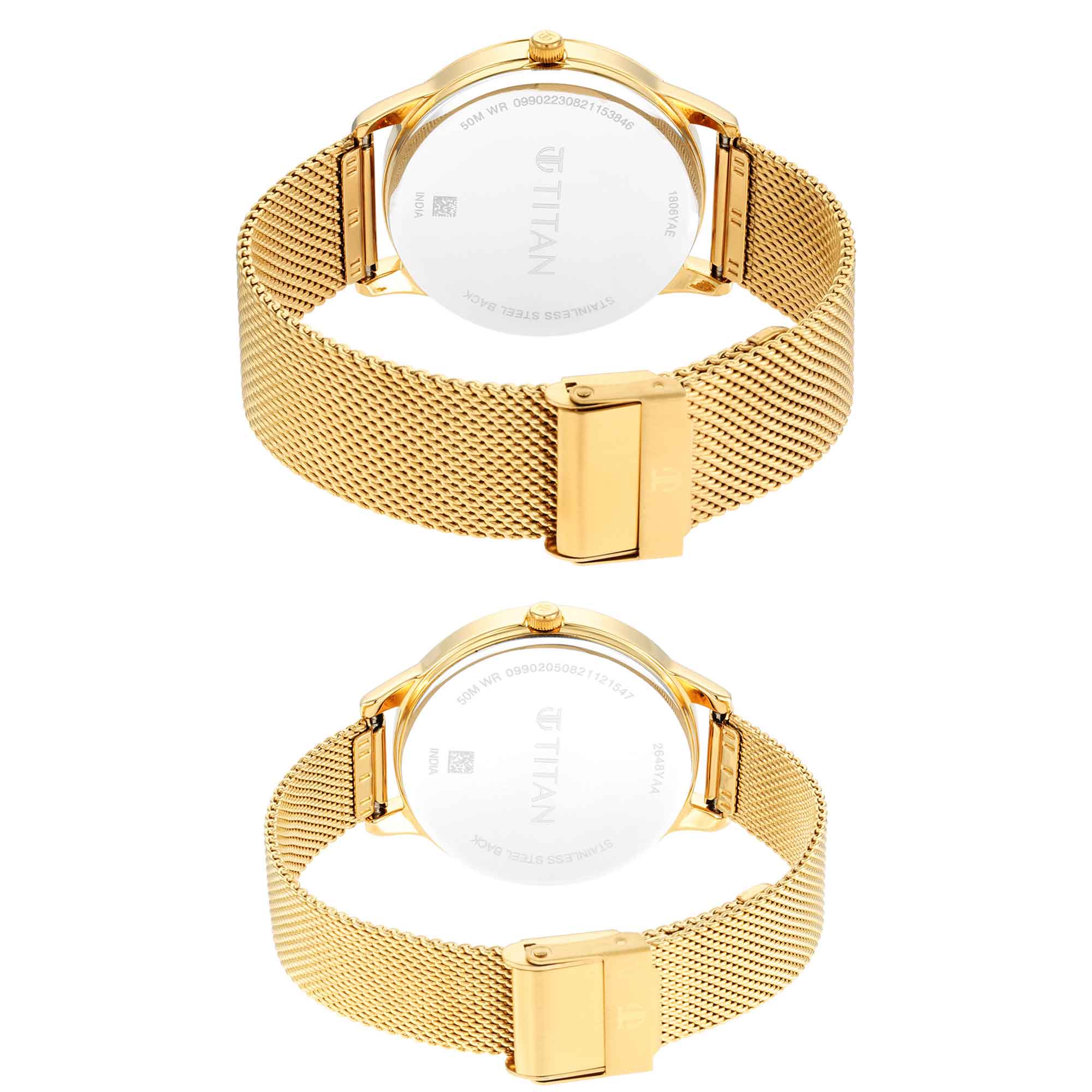 Titan Bandhan Couple Watch Champagne Dial with Gold Mesh Band, 18062YM01P