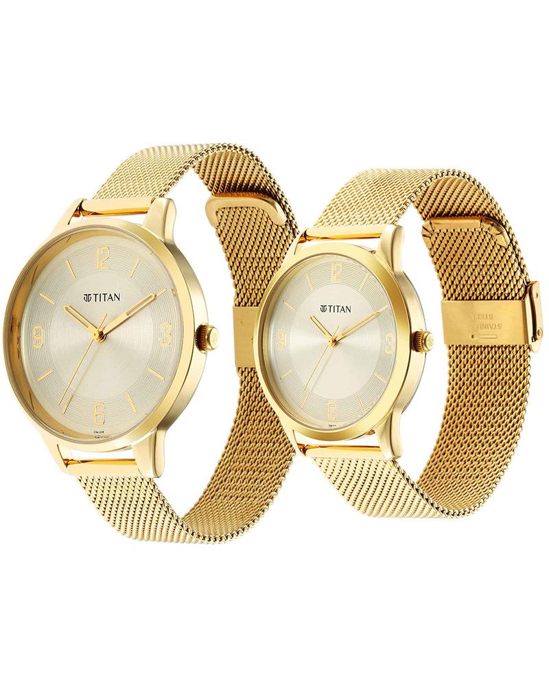 Titan Bandhan Couple Watch Champagne Dial with Gold Mesh Band, 18062YM01P
