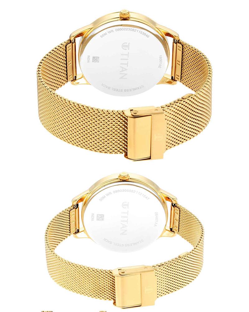 Titan Bandhan Couple Watch Champagne Dial with Gold Mesh Band, 18062YM01P
