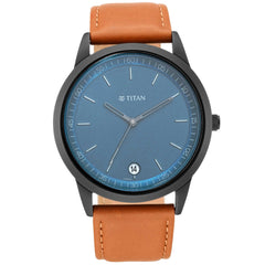 Titan Men's Watch Blue Dial Brown Leather Strap Watch, 1806NL03