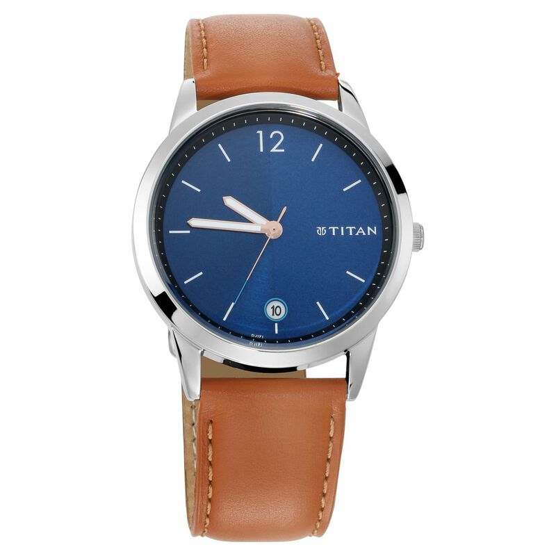 Titan Men's Watch Blue Dial Brown Leather Strap Watch, 1806SL02