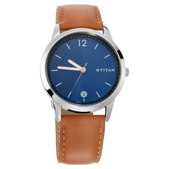 Titan Men's Watch Blue Dial Brown Leather Strap Watch, 1806SL02