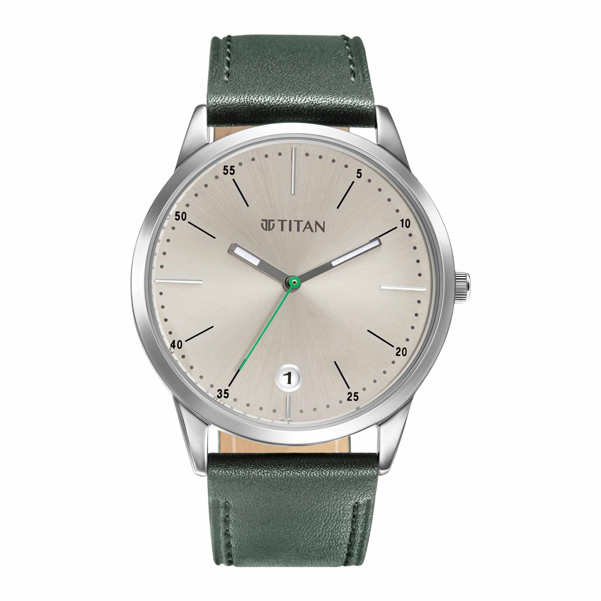 Titan Men's Watch Analog Silver Dial With Green Leather Strap, 1806SL07