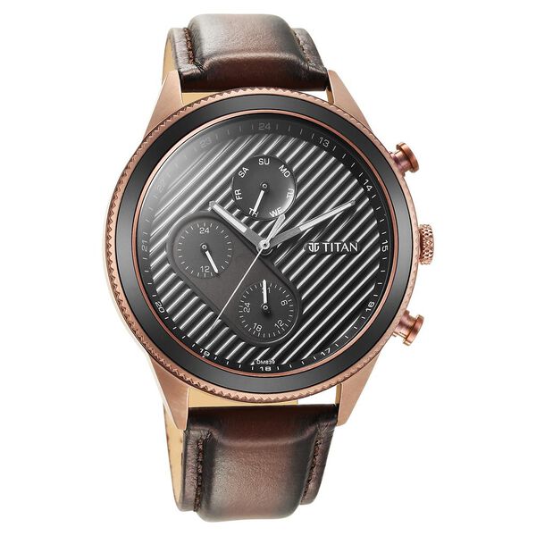 Titan Men's Watch Analog Black Dial Brown Leather Strap, 1814KL03