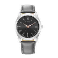 Titan Men's Black Dial Grey Leather Strap Analog Watch, 1823SL06