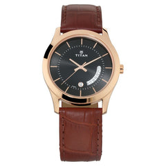 Titan Men's Watch Analog Black Dial With Brown Leather Strap, 1823WL01