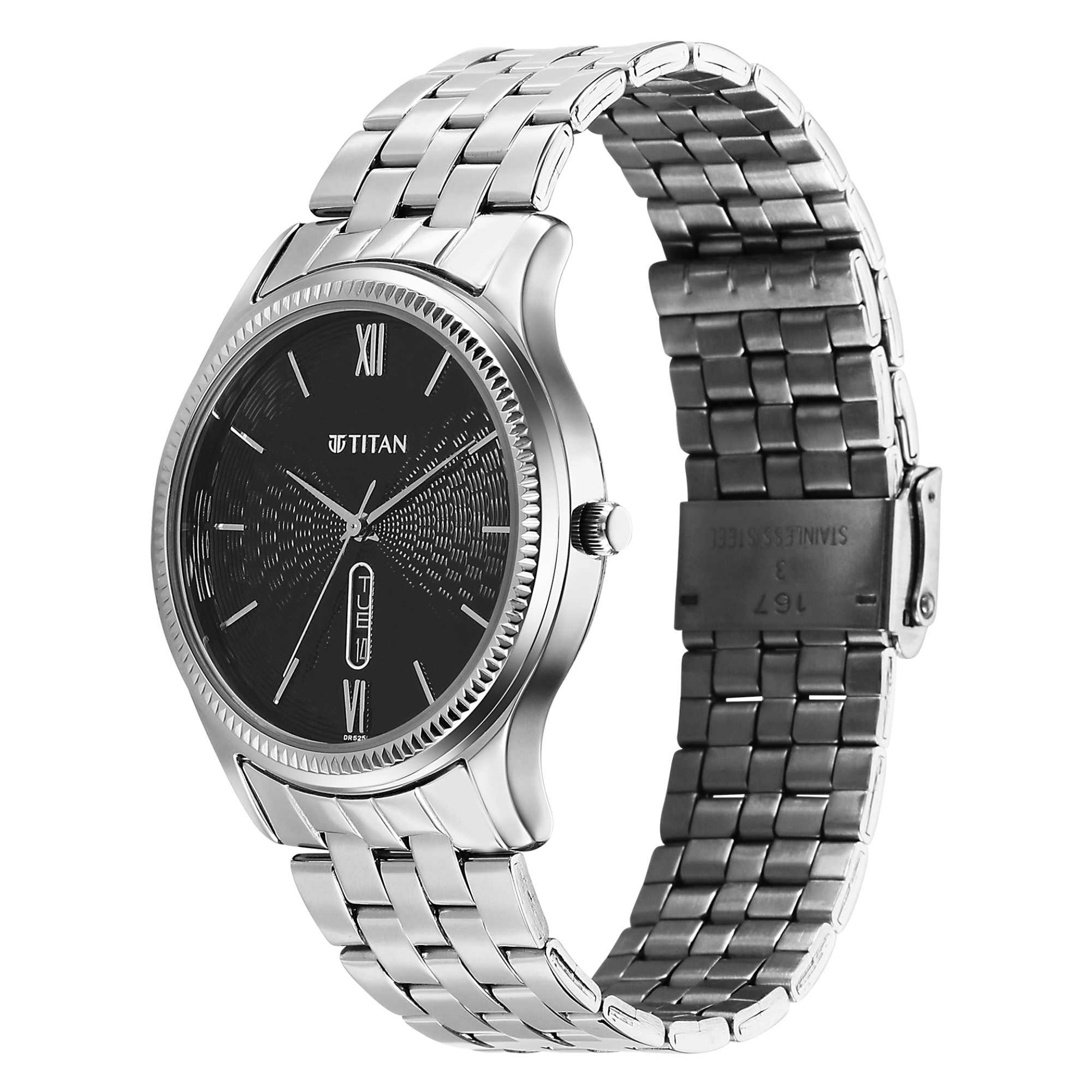 Titan Analog Men's Watch with Day and Date Display with Black Dial and Stainless Steel Strap,1824SM01