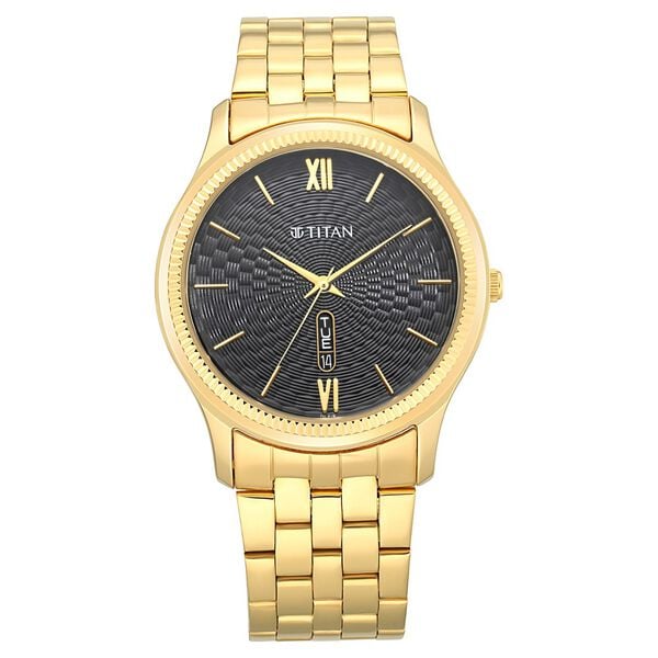 Titan Karishma Analog Men's watch with Day and Date and Black dial and Golden Metal Strap, 1824YM04