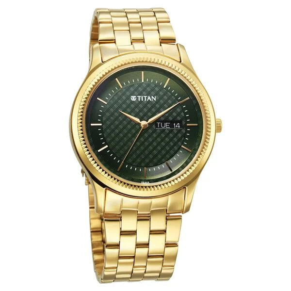 Titan Karishma Men's Watch Analog Green Dial with Gold Stainless Steel Band, 1824YM02