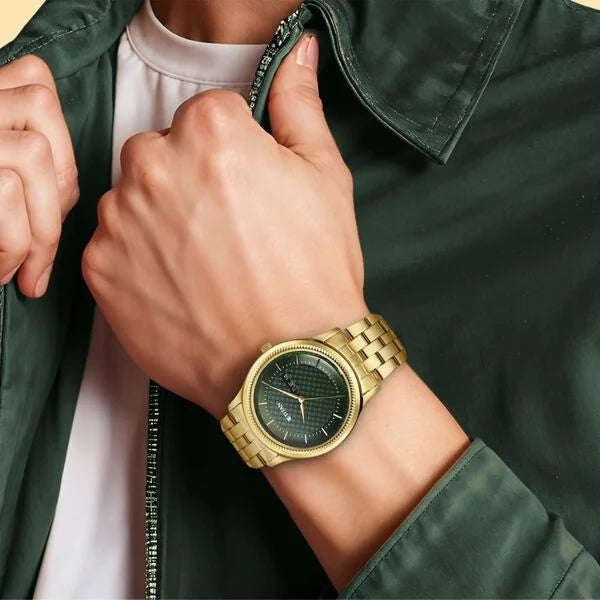 Titan Karishma Men's Watch Analog Green Dial with Gold Stainless Steel Band, 1824YM02