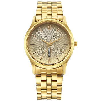 Titan Analog Men's Watch with Day And Date Display With Gold Dial and Gold Stainless Steel Strap,1824YM04