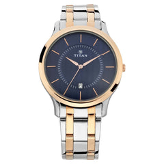 Titan Men's Watch Blue Dial Silver & Gold Stainless Steel Strap Watch, 1825KM01