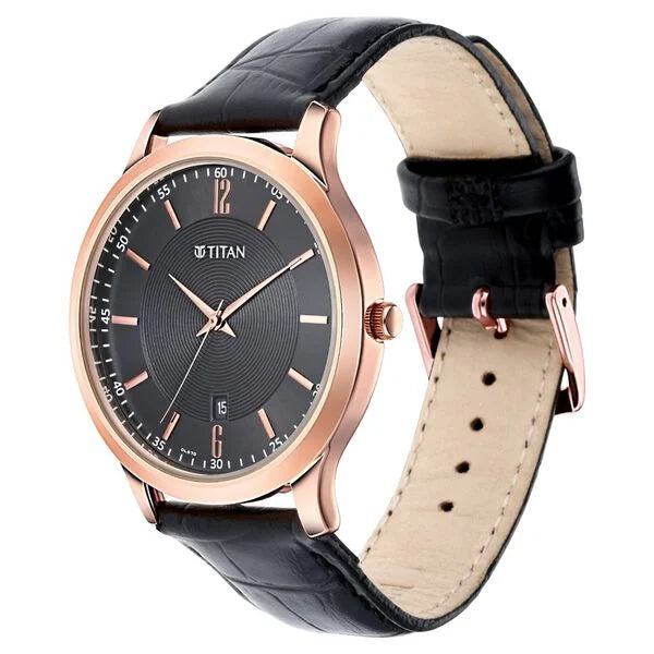 Titan Men's Watch Analog Black Dial With Black Leather Strap, 1825WL03