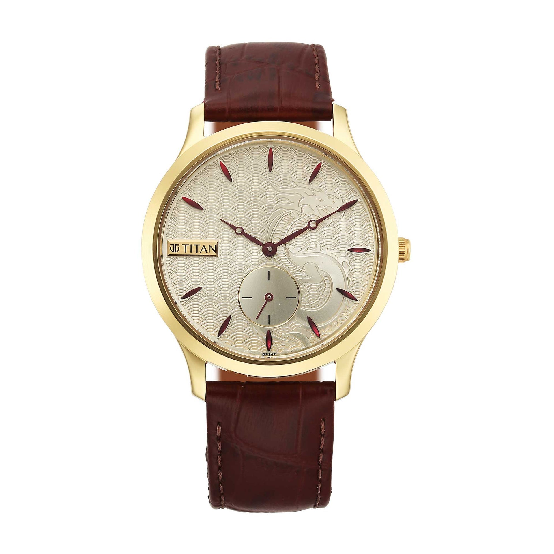 Titan Tet Men's Watch Analog Champange Dial With Burgundy Leather Strap 1825YL07