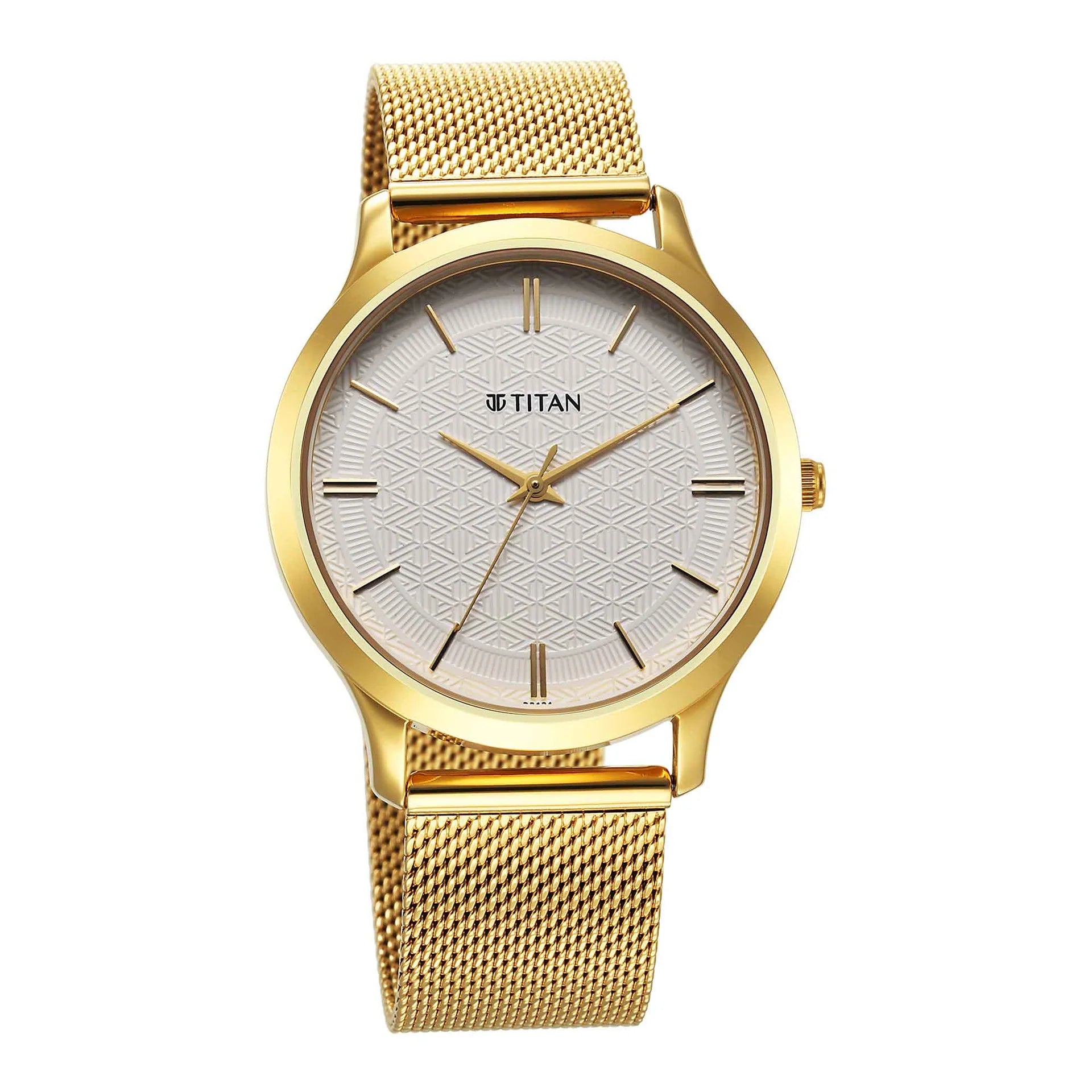 Titan Karishma Men's Watch Analog White Dial With Gold Mesh Band, 1825YM11
