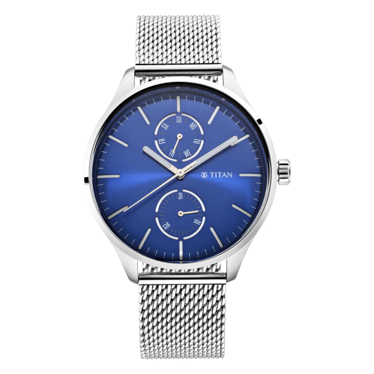 Titan Men's Watch Blue Dial Silver Stainless Steel Strap Watch, 1833SM01