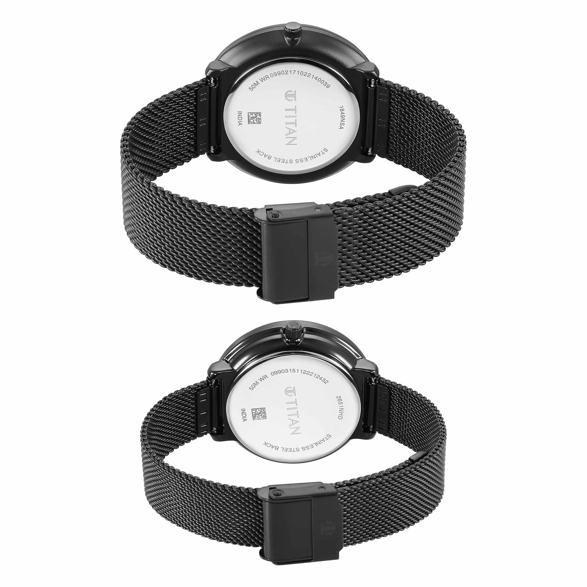 Titan Couples Watch with Black Dial & Black Stainless Steel Strap,  1849NM01P