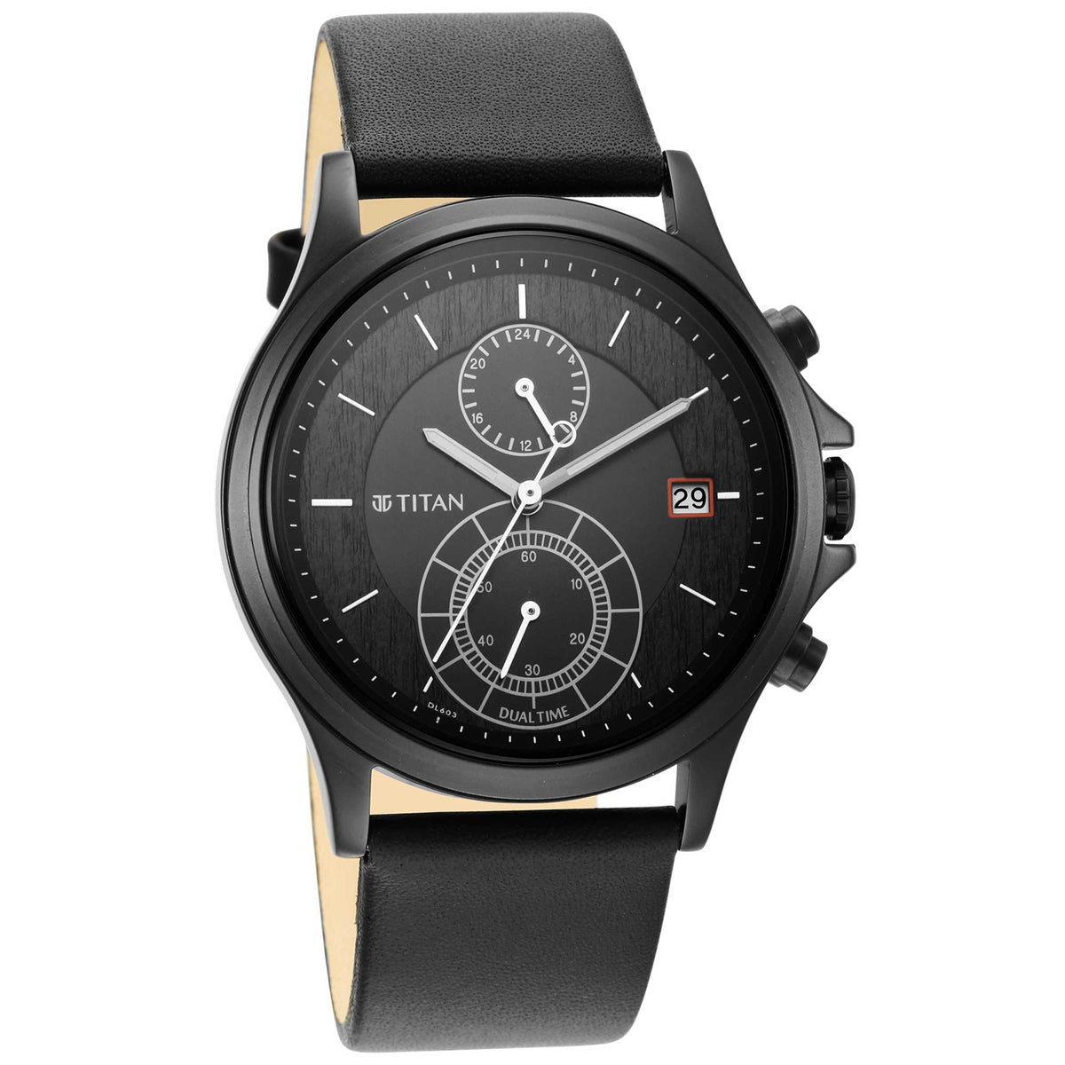 Titan Men's Analog Watch Dual Time Workwear Collection, Black Dial & Black Leather Strap, 1870NL01