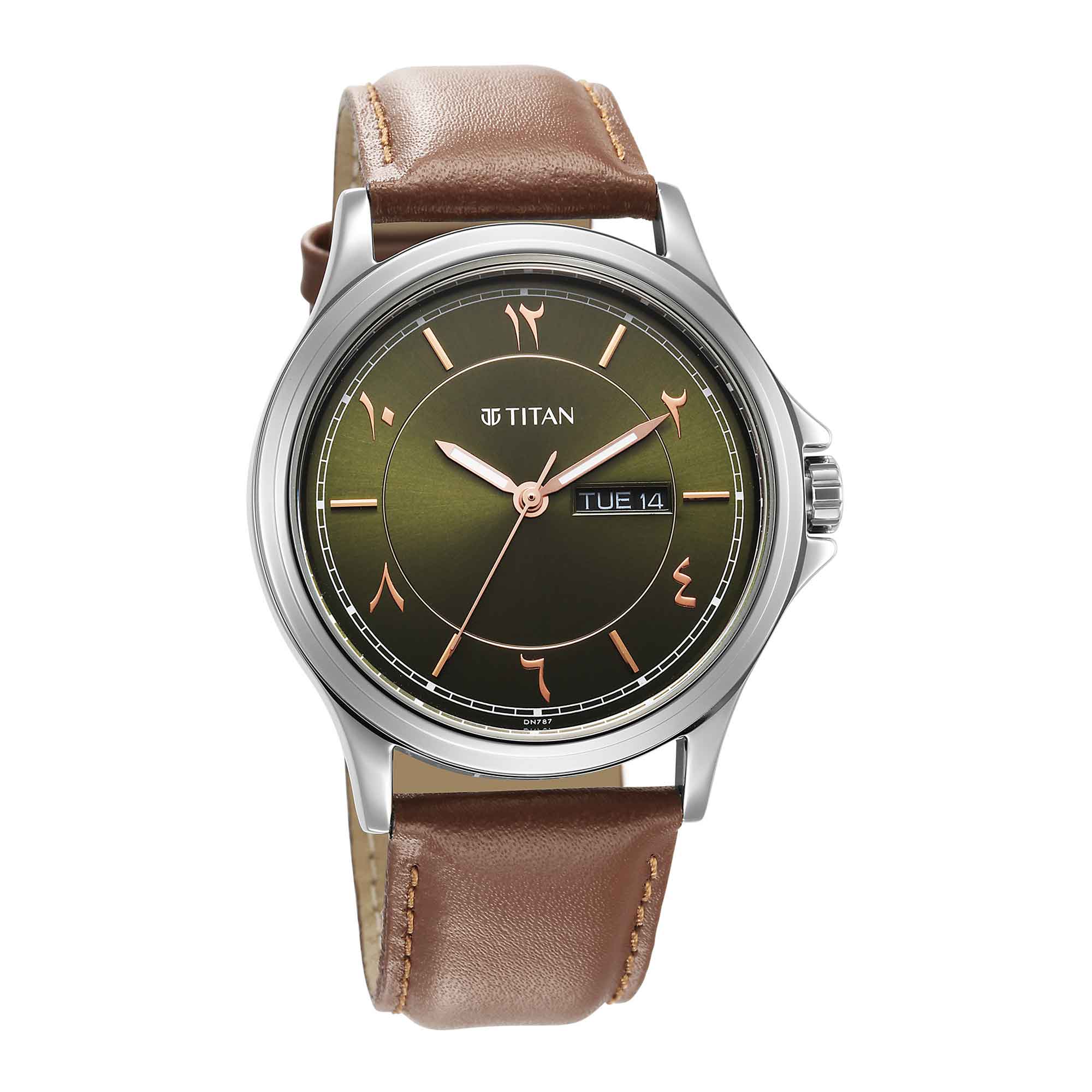 Titan Marhaba Collection Men's Watch Arabic Green Dial Brown Leather Strap, 1870SL08 - view 2