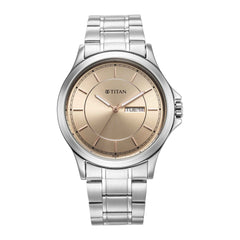 Titan Men's Beige Dial Silver Metal Strap Watch, 1870SM03