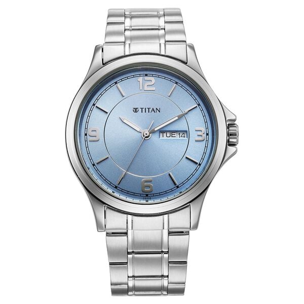 Titan Neo Arabic Analog Men's Watch with Day Date and Ice Blue Dial with Silver Stainless Steel Strap,1802WL03
