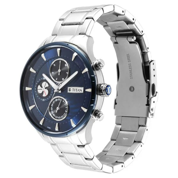 Titan Men's Watch Blue Dial with Silver Stainleess Steel Band, 1873KM02