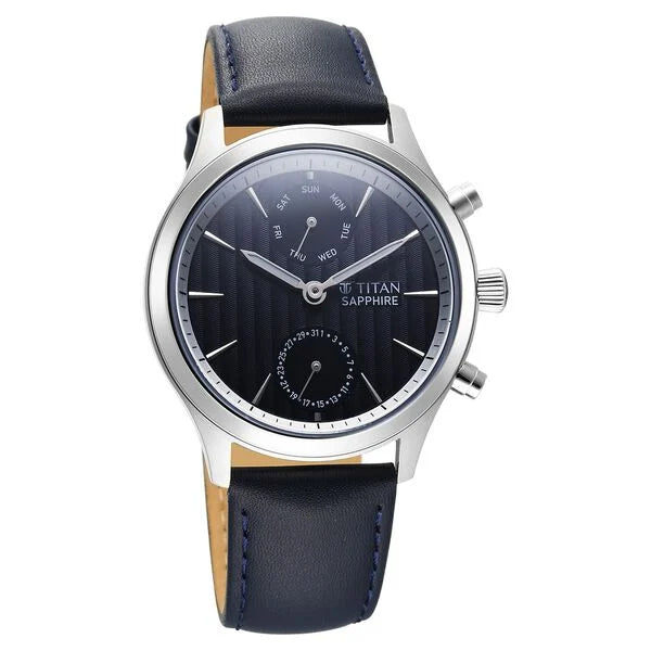 Titan Sapphire Men's Multifunction Watch Analog Blue Dial with Blue Leather Strap, 1874SL02