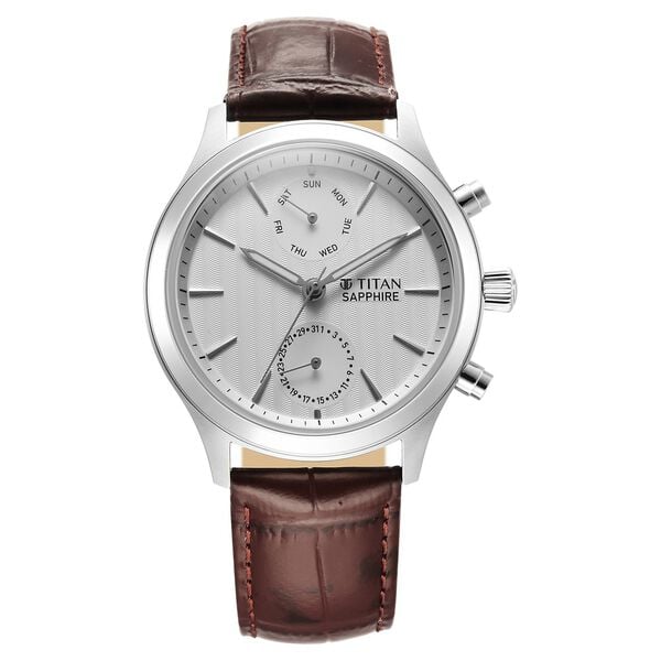 Titan Sapphire Men's Multifunction Watch Analog White Dial with Brown Leather Strap, 1874SL03