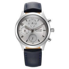 Titan Sapphire Men's Multifunction Watch Analog Silver Dial with Blue Leather Strap, 1874SL04