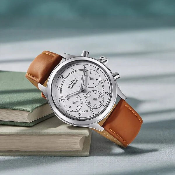 Titan Sapphire Men's Multifunction Watch Analog White Dial with Brown Leather Strap, 1874SL05