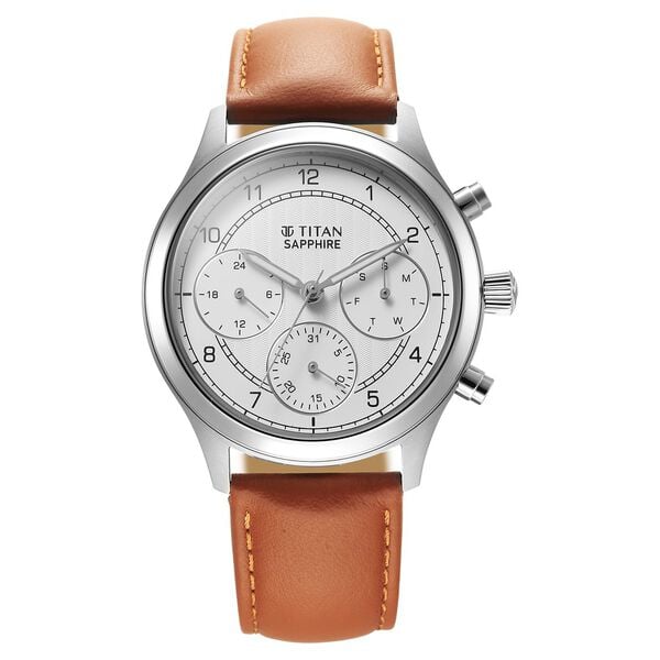 Titan Sapphire Men's Multifunction Watch Analog White Dial with Brown Leather Strap, 1874SL05