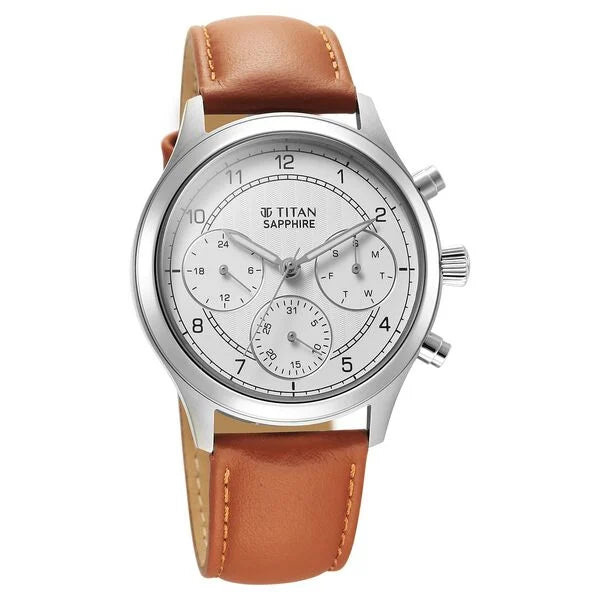 Titan Sapphire Men's Multifunction Watch Analog White Dial with Brown Leather Strap, 1874SL05