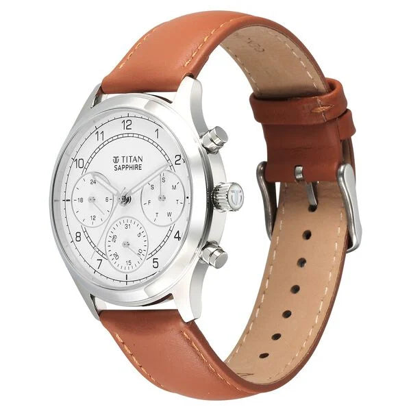 Titan Sapphire Men's Multifunction Watch Analog White Dial with Brown Leather Strap, 1874SL05