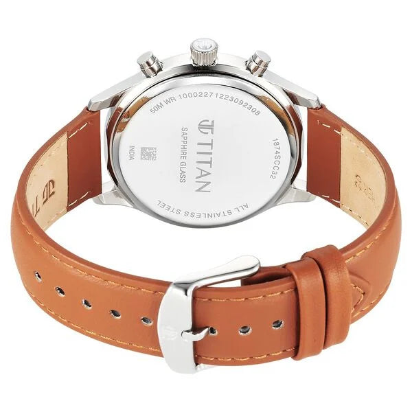 Titan Sapphire Men's Multifunction Watch Analog White Dial with Brown Leather Strap, 1874SL05
