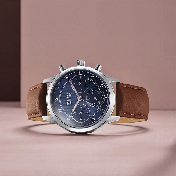 Titan Sapphire Men's Multifunction Watch Analog Blue Dial with Brown Leather Strap, 1874SL06