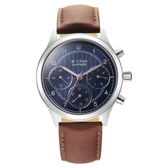 Titan Sapphire Men's Multifunction Watch Analog Blue Dial with Brown Leather Strap, 1874SL06