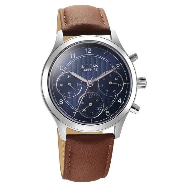 Titan Sapphire Men's Multifunction Watch Analog Blue Dial with Brown Leather Strap, 1874SL06