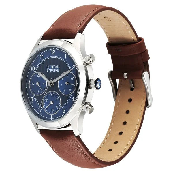 Titan Sapphire Men's Multifunction Watch Analog Blue Dial with Brown Leather Strap, 1874SL06