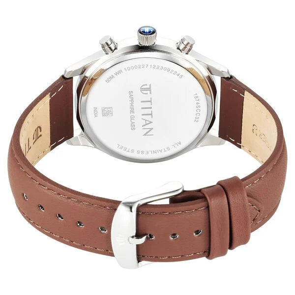 Titan Sapphire Men's Multifunction Watch Analog Blue Dial with Brown Leather Strap, 1874SL06