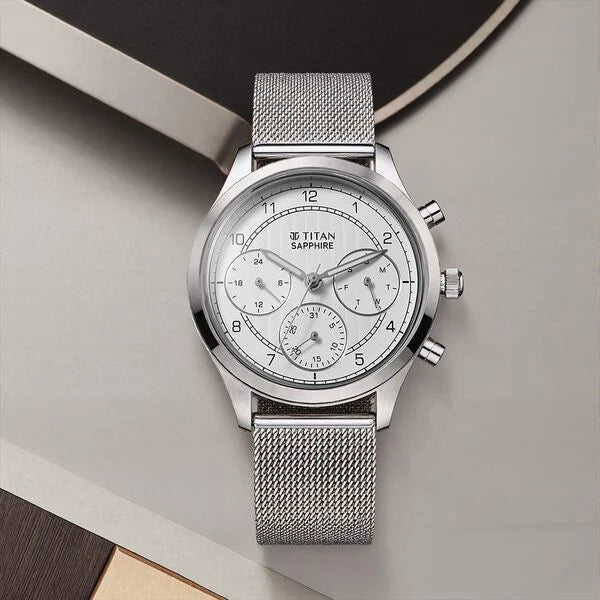 Titan Sapphire Men's Multifunction Watch Analog White Dial with Silver Mesh Band, 1874SM01