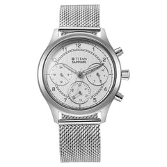 Titan Sapphire Men's Multifunction Watch Analog White Dial with Silver Mesh Band, 1874SM01