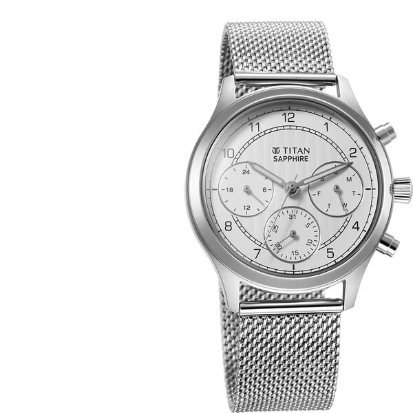 Titan Sapphire Men's Multifunction Watch Analog White Dial with Silver Mesh Band, 1874SM01